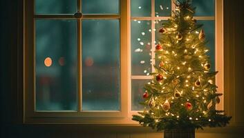 Christmas tree with lights and garlands on the background of the window. AI Generated. photo