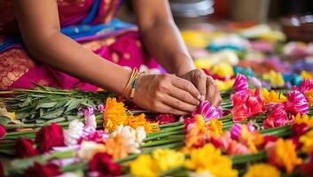 indio mujer haciendo un flor guirnalda en diwali festival. ai generado. foto