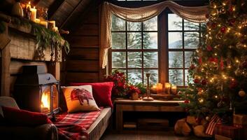 Interior of cozy living room decorated for Christmas and New Year. AI Generated. photo