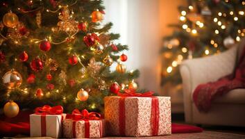 Christmas presents under the tree on the background of the living room. AI Generated. photo