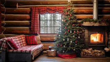 Christmas tree and fireplace in a log house. Interior of a wooden house. AI Generated. photo