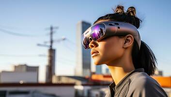 Portrait of a beautiful asian woman wearing virtual reality glasses outdoors. AI Generated. photo