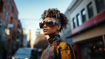 Fashionable african american woman with afro hairstyle in sunglasses posing in the city. AI Generated. photo