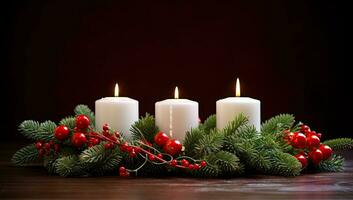 Christmas candles with fir branches and red berries. AI Generated. photo