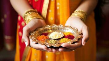 Indian woman holding a bowl full of different colorful spices in her hands. AI Generated. photo