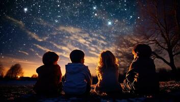 grupo de niños sentado en el suelo y mirando a el estrellado cielo. ai generado. foto