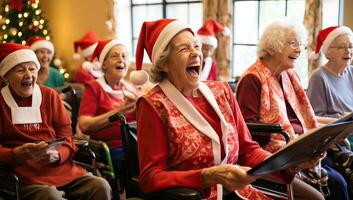 Senior woman in a wheelchair singing Christmas songs in front of her family. AI Generated. photo