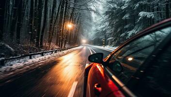Driving on car on winter road at night. AI Generated. photo