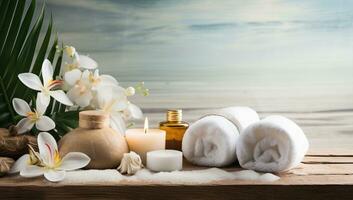 Spa still life with candles, towel and orchid flowers on wooden background. AI Generated. photo