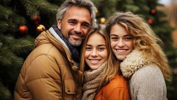 Portrait of happy family looking at camera in front of christmas tree. AI Generated. photo