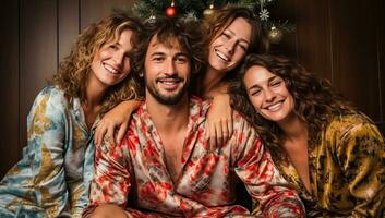 Group of friends in pajamas celebrating New Year and Christmas. AI Generated. photo