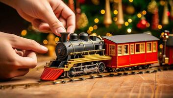 Christmas toy train on a wooden background with a Christmas tree in the background. AI Generated. photo