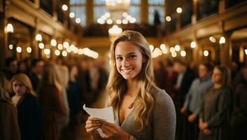 Beautiful young woman with documents on the background of a large crowd of people. AI Generated. photo