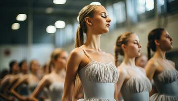 Fashion show in the studio. Group of beautiful young women in white dresses. AI Generated. photo