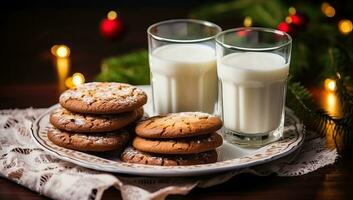 Two glasses of milk and cookies on a wooden table with Christmas decorations. AI Generated. photo
