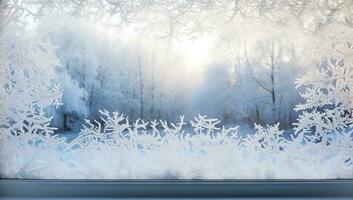 Winter landscape with frosty trees and snowflakes on windowsill. AI Generated. photo