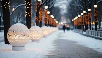 Lanterns on the street in the evening. Winter landscape. AI Generated. photo