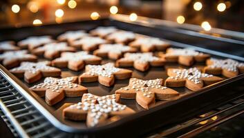 Homemade gingerbread cookies in the form of stars on a baking sheet. AI Generated. photo