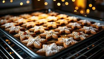 Christmas cookies in the shape of snowflakes on a baking sheet. AI Generated. photo