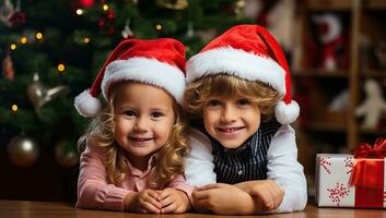 linda pequeño niños en Papa Noel claus sombreros mirando a cámara y sonriente mientras sentado a mesa cerca Navidad árbol. ai generado. foto