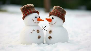 Two snowman in hats and scarves standing in the snow. AI Generated. photo