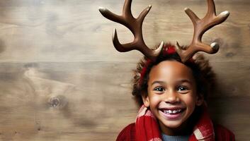 Portrait of a cute african american boy with reindeer antlers. AI Generated. photo