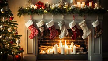 Christmas stockings hanging on a fireplace in a cozy living room. AI Generated. photo