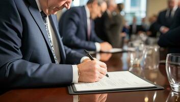 Businessman signing a contract in a conference room. AI Generated. photo