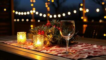 Wine glass and Christmas decorations on wooden table in cafe at night. AI Generated. photo