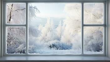 Winter landscape with snow covered trees and frost on the windowsill. AI Generated. photo