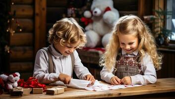 Two cute little children, boy and girl, writing letter to Santa Claus. AI Generated. photo