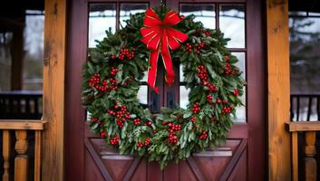 Christmas wreath on the door of a wooden house with red bow. AI Generated. photo