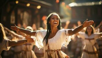 retrato de un joven africano mujer bailando a un calle fiesta. ai generado. foto