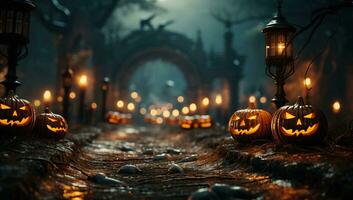 Halloween background with pumpkins and candles. AI Generated. photo