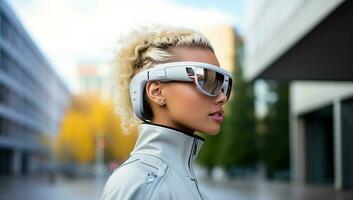 Beautiful young woman wearing virtual reality glasses outdoors. Future technology concept. AI Generated. photo