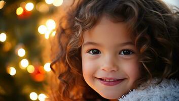 retrato de un linda pequeño niña con Rizado pelo en contra el antecedentes de el Navidad árbol. ai generado. foto