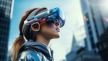 Young woman wearing virtual reality goggles. Future technology concept. AI Generated. photo