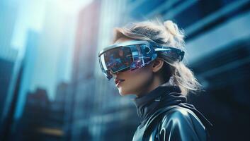 Young woman in virtual reality glasses on the background of skyscrapers. AI Generated. photo