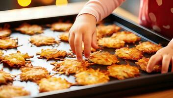 Close up of child hand taking cookies from baking sheet in kitchen. AI Generated. photo