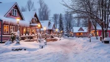 de madera casas en el pueblo en invierno a noche. hermosa invierno paisaje. ai generado. foto