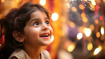 linda pequeño niña con bengalas en bokeh luces antecedentes. ai generado. foto