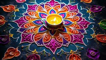 Colorful diya lamps lit during Diwali celebration in India. AI Generated. photo