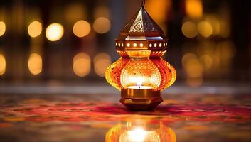 Lantern on the floor in front of a bokeh background. AI Generated. photo