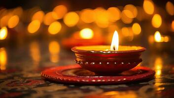 Close up of Diwali diya or oil lamp lit at night. AI Generated. photo