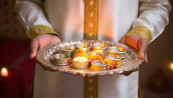 Close up of the hands of a man holding a bowl with burning candles for diwali. AI Generated. photo