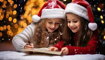 happy little girls in santa hat reading book. AI Generated. photo