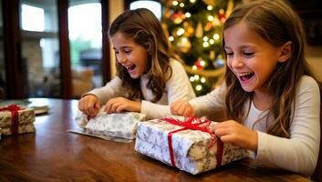 Adorable little girls opening Christmas presents in the living room at home. AI Generated. photo