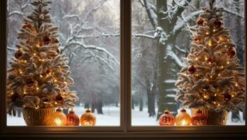 Christmas tree on the window in the winter forest. Christmas background. AI Generated. photo