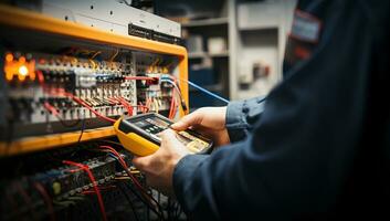 Electrician checking voltage in electrical panel with digital multimeter. Electrical background. AI Generated. photo