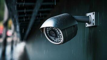 CCTV security camera on the wall in the rain. AI Generated. photo